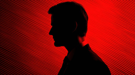 An executive silhouette looms against a red backdrop, evoking urgency and chaos in a critical moment of reflection and decision.の素材