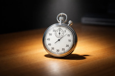 A silver stopwatch sits on a wooden table with a beam of light highlighting its face. The time shows the clock nearing the 30-second mark.の素材