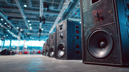Large PA speakers are arranged on stage ready for an event in a modern industrial venue with plenty of light and an open space.の素材