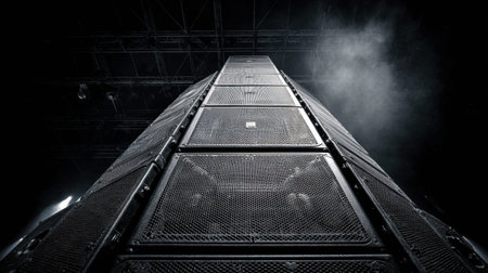 Line array speakers seen from a low angle during a concert, emphasizing their height and sound production capabilities in a performance space.の素材
