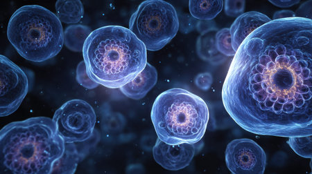 Cells interact with light, illustrating the balance within the immune system in a modern visual style highlighting harmony and structure.の素材