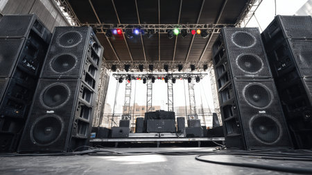 Large PA system stands on stage ready for sound check at an outdoor concert venue with lights set for performance in the evening.の素材