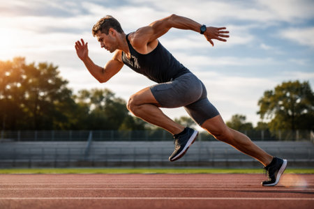 A runner is sprinting fast on a track in the morning with trees and stadium seats in the background. It is bright and the scene shows energy.の素材