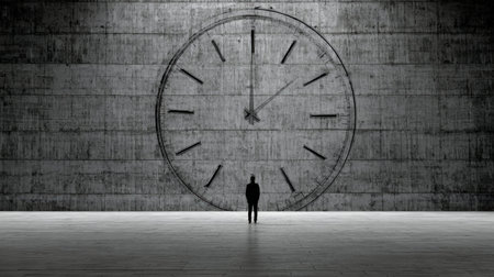 Person stands before a large wall clock in an empty space, engaged in thought about time and decision-making.の素材