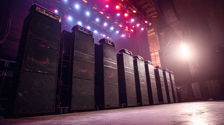 Speaker stacks stand in a row on stage waiting for the music event to start as lights shine down in the evening setting.の素材