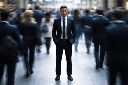 A man in a suit stands still among a crowd of people in a busy city street. The scene captures urban life and the movement of workers.の素材