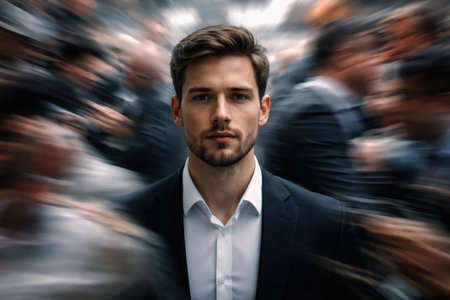 A man stands still in a busy urban area while the crowd around him moves quickly, creating a sense of energy and motion in the scene.の素材