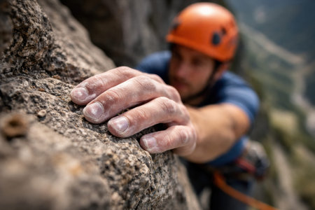 A person climbs a rocky surface with chalked hands. The climber focuses on the next grip. A mountain landscape is visible in the background.の素材