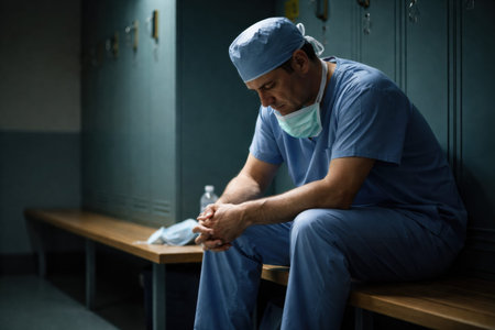 A hospital worker sits quietly in a locker room looking down after finishing a long day of work in scrubs and a mask.の素材