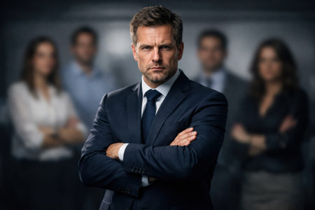 Businessman with arms crossed looks determined in a corporate office. Colleagues stand behind him, creating a serious atmosphere during a meeting.の素材