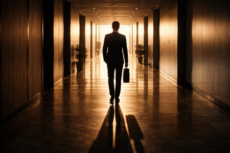 A man walks through a long hallway carrying a briefcase as sunset light shines, creating a silhouette against the walls.の素材