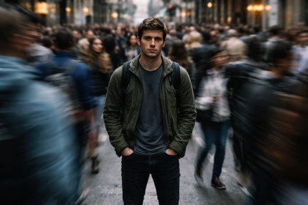 A man stands still in a bustling street surrounded by a crowd moving quickly. The scene shows a contrast between stillness and motion.の素材