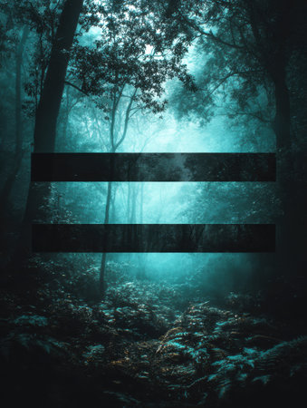 In a dense forest, soft light filters through leaves, creating a misty atmosphere with shadows and silhouettes of trees all around.の素材