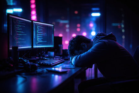 A person is seated at a desk with two computer screens showing code. The lights are colorful, and the person appears exhausted with their head down.の素材