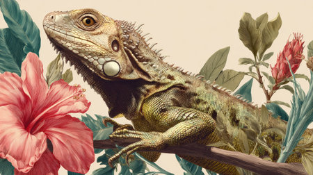 Lizard sits on a branch surrounded by vibrant tropical plants, created for use in stationery and packaging designs, ideal for pet lovers.の素材