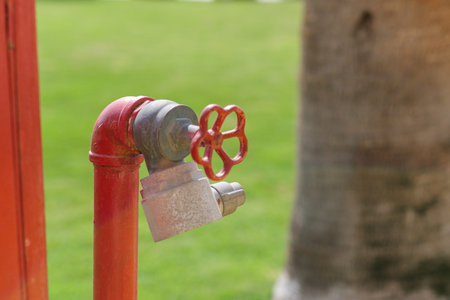 Red fire hydrant valve features a flower-shaped handle, situated in front of a lush green lawn, with...