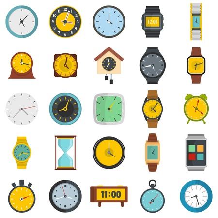 Time and clock icons set. Flat illustration of 25 time clock vector icons isolated on white backgroundのイラスト素材