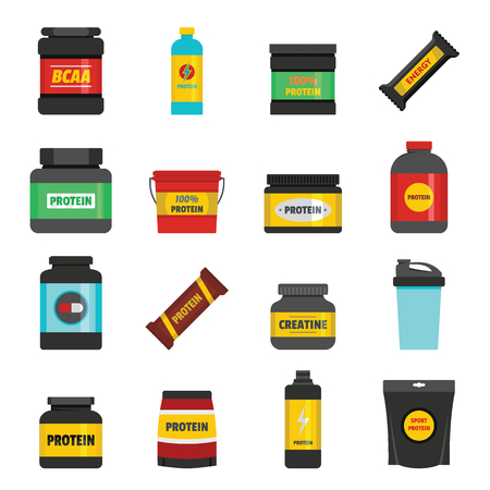 Protein sport nutrition containers icons set. Flat illustration of 16 train toy children vector icons for web.のイラスト素材