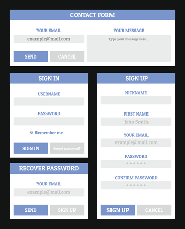 Website form set. Flat illustration of 4 log in and register website form vector banner concepts for web.のイラスト素材