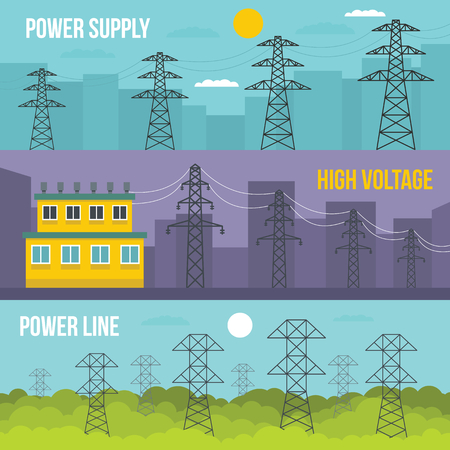 Electrical tower voltage banner horizontal concept set. Flat illustration of 3 electrical tower voltage vector banner horizontal concepts for webのイラスト素材