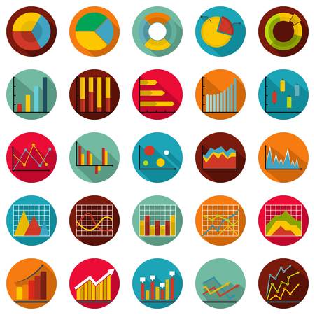Chart diagram icon set. Flat illustration of 25 chart diagram vector icon circle isolated on whiteのイラスト素材