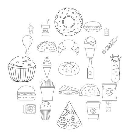 Fast food icons set. Outline illustration of 25 fast food vector icons for webのイラスト素材