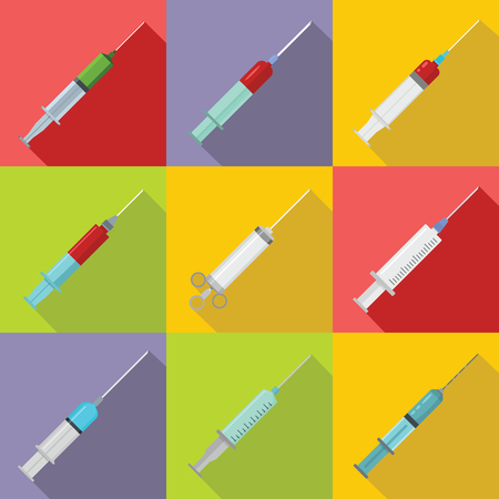 Syringe needle injection icons set. Flat illustration of 9 syringe needle injection vector icons for webのイラスト素材
