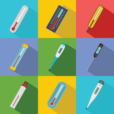 Thermometer temperature icons set. Flat illustration of 9 thermometer temperature vector icons for webのイラスト素材