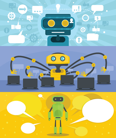 Flat illustration of 3 chat robot vector banner horizontal concepts for web.のイラスト素材