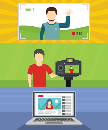 Video blog channel banner concept set. Flat illustration of 3 video blog channel vector banner horizontal concepts for web.のイラスト素材