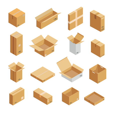 Parcel packaging box icons set. Isometric illustration of 16 parcel packaging box vector icons for web.のイラスト素材