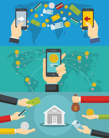 Money transaction around world banner concept set. Flat illustration of money transaction around world vector banner horizontal concepts for webのイラスト素材