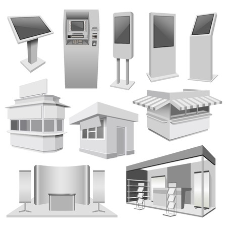 Kiosk stand booth mockup set. Realistic illustration of 10 kiosk stand booth mockups for webのイラスト素材
