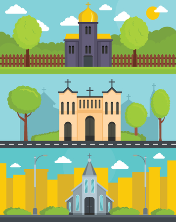 Church building banner concept set. Flat illustration of church building world vector banner horizontal concepts for webのイラスト素材