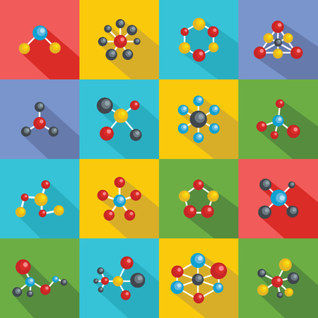 Flat illustration of 16 molecular structure chemical vector icons set for webのイラスト素材