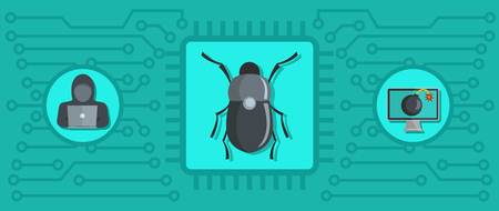 Computer thief banner. Flat illustration of computer thief vector banner for webのイラスト素材