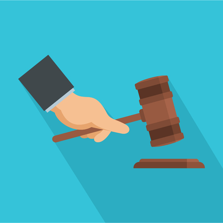 Gavel in hand icon. Flat illustration of gavel in hand vector icon for webのイラスト素材
