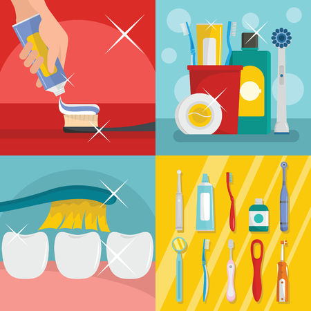 Toothbrush dental banner concept set. Flat illustration of 4 toothbrush dental vector banner horizontal concepts for webのイラスト素材