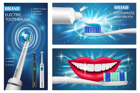 Toothbrush dental banner concept set. Realistic illustration of 3 toothbrush dental vector banner horizontal concepts for webのイラスト素材