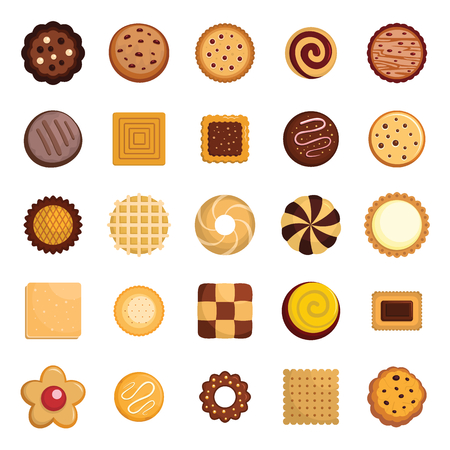 Cookies biscuit icons set. Flat illustration of 25 cookies biscuit vector icons for webのイラスト素材