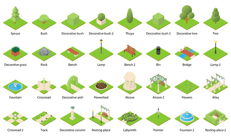 Park nature elements landscape design icons set. Isometric illustration of 32 park nature elements landscape vector icons for webのイラスト素材