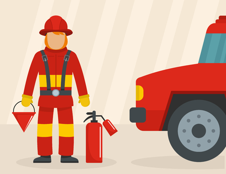 Firefighter with car concept. Flat illustration of firefighter with car vector concept for webのイラスト素材