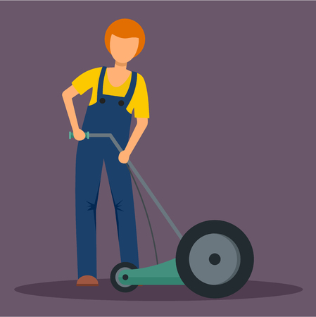 Man holding grass cutter icon. Flat illustration of man holding grass cutter vector icon for web designのイラスト素材
