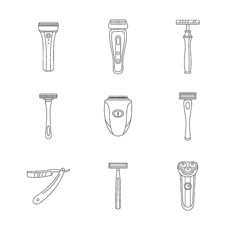 Shaver blade razor personal icons set. Outline illustration of 9 shaver blade razor personal vector icons for webのイラスト素材