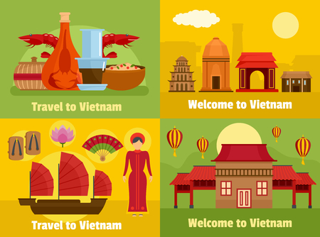 Welcome to Vietnam travel banner concept set. Flat illustration of 4 welcome to Vietnam travel vector banner horizontal concepts for webのイラスト素材