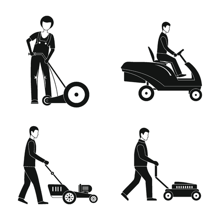 Lawnmower service man icons set. Simple illustration of 4 lawnmower service man vector icons for webのイラスト素材
