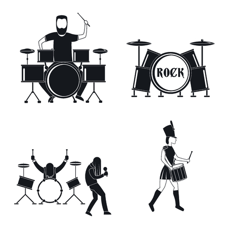 Drummer drum rock musician icons set. Simple illustration of 4 drummer drum rock musician vector icons for webのイラスト素材