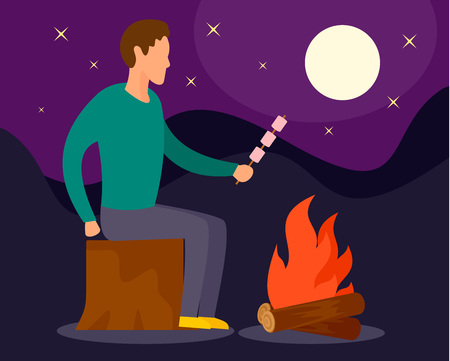 Man at camp fire in night background. Flat illustration of man at camp fire in night vector background for web designのイラスト素材