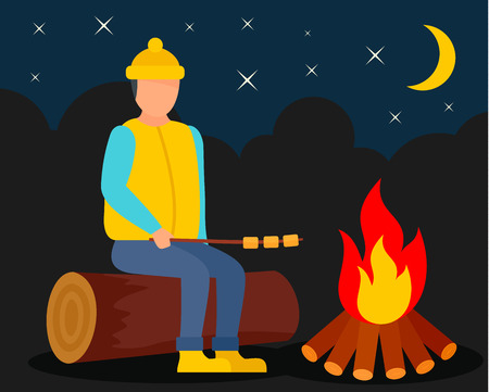 Boy at camp fire background. Flat illustration of boy at camp fire vector background for web designのイラスト素材