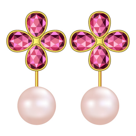 Pearl ruby earrings mockup. Realistic illustration of pearl ruby earrings vector mockup for web design isolated on white backgroundのイラスト素材